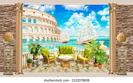 3d wall with brick wall and columns with access to the terrace overlooking the colosseum tropical sea and sailboats