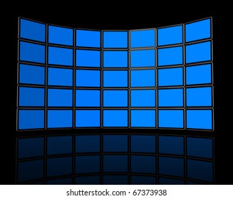 3D Wall Of Flat Tv Screens, Isolated On Black. With 2 Clipping Paths : Global Scene Clipping Path And Screens Clipping Path To Place Your Designs Or Pictures