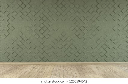 3d wall, interior 3d rendering green graphic wall and wooden floor