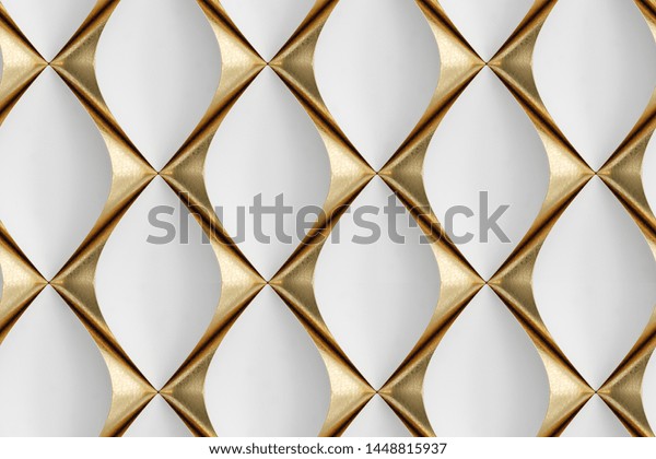 3D wall panels made of white leather with gold decorative elements. High quality seamless texture.