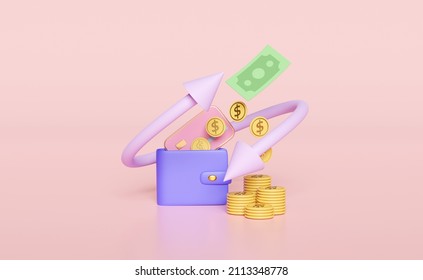 3d Wallet With Banknote, Stacked Coin Money Isolated On Pink Background. Transfer Arrows, Cashback, Saving Money Wealth Business Concept, 3d Render Illustration