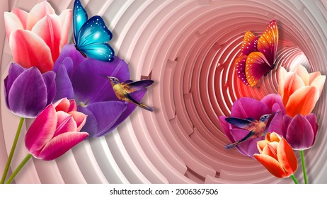 3D WALLPAER WITH FLOWER RED AND BLUE ROSE BUTTERFLY AND BIRD BACKGROUND BRICK WALL WALLPAPER