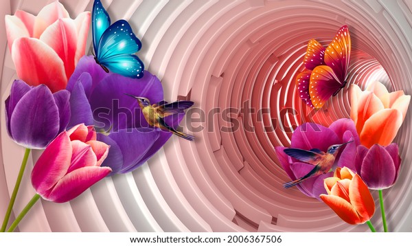3D WALLPAER WITH FLOWER RED AND BLUE ROSE BUTTERFLY AND BIRD BACKGROUND BRICK WALL WALLPAPER