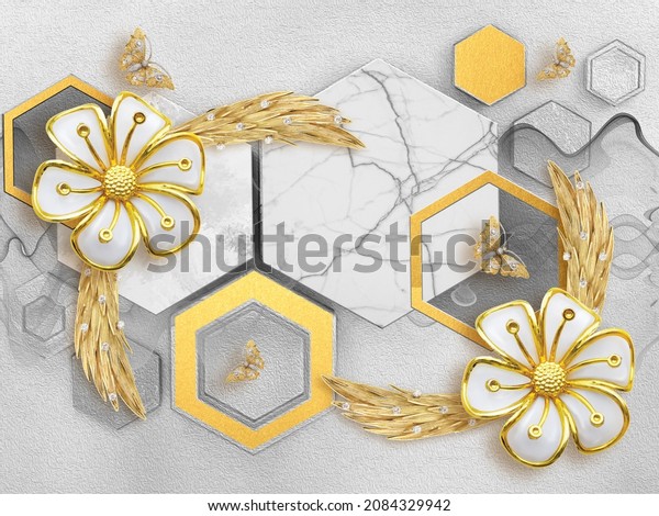 3d wallpaper With abstract gray background and golden flowers 