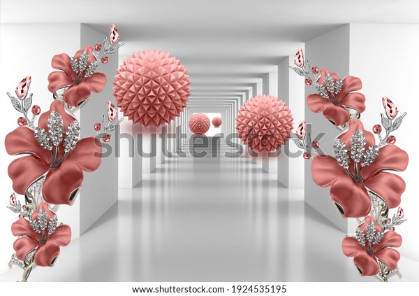 3D wallpaper, abstract tunnel with Flowers