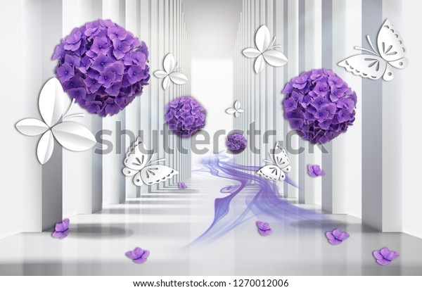 3D wallpaper, abstract  tunnel with purple hydrangea flowers and paper butterflies. 