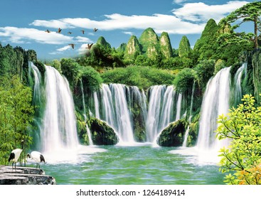 3d Wallpaper background design with natural landscape and waterfall for photomural