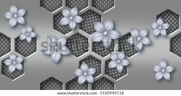 3D wallpaper background, Metal High quality Hexagon rendering decorative Honeycomb mural wallpaper illustration, 3D flower Living room wallpaper.