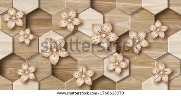 3D wallpaper background, Wooden High quality Hexagon rendering decorative Honeycomb mural wallpaper illustration, 3D flower Living room wallpaper.