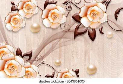 3D wallpaper Beautiful flower and pearl seamless abstract with wood texture