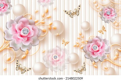 3d wallpaper beautiful pink flower, butterfly, pearl, diamond with texture background