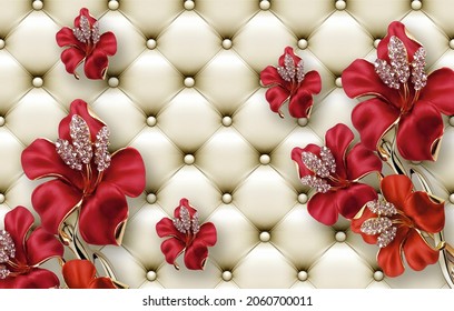 3d Wallpaper Beautiful Red Flower Leather Base Background For Surface