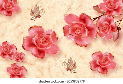 3D wallpaper beautiful red rose flower with golden color and leaf and butterfly mural wallpaper