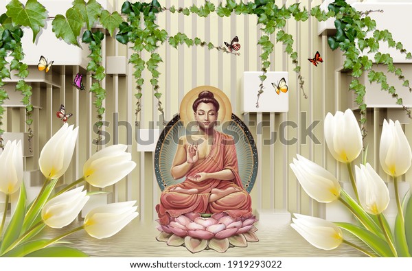 3d Wallpaper, Buddha with abstract background with flowers