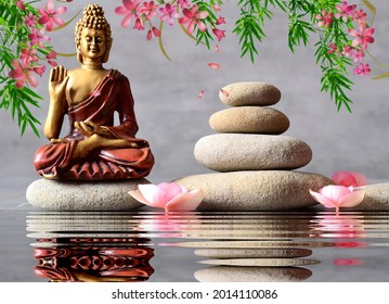 3d Wallpaper, Buddha sitting in ZEN garden with flower and balance stones.