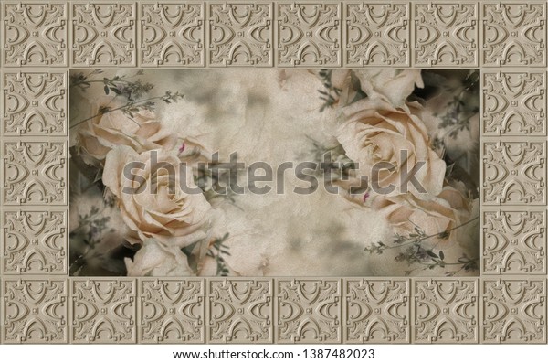 3d Wallpaper Ceiling Tile Roses Painting Backgrounds Textures