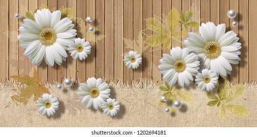 3d wallpaper with chamomiles and pearl on wooden boards background. Celebration 3d background. Flower theme - this is a trend in design interior.  - Powered by Shutterstock