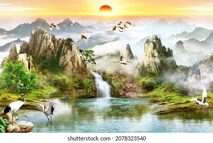 3d wallpaper, Chinese Landscape painting sunrise