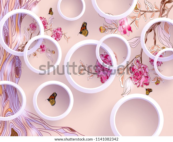 3d wallpaper with circles and florals for photomurals