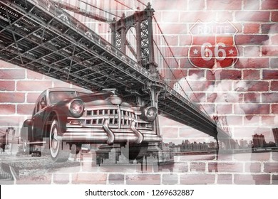3d wallpaper design background with brooklyn bridge and classic car and brick wall for mural