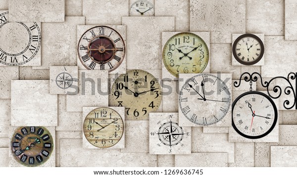 3d wallpaper design background with clocks on a 3d wall for mural