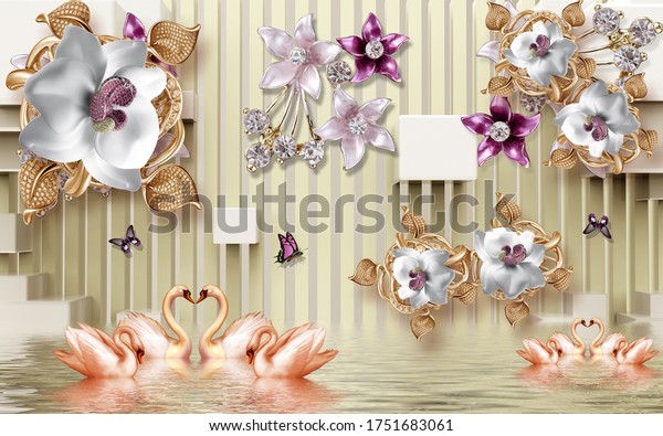 3d abstract design and beautiful flower wallpaper, brick background