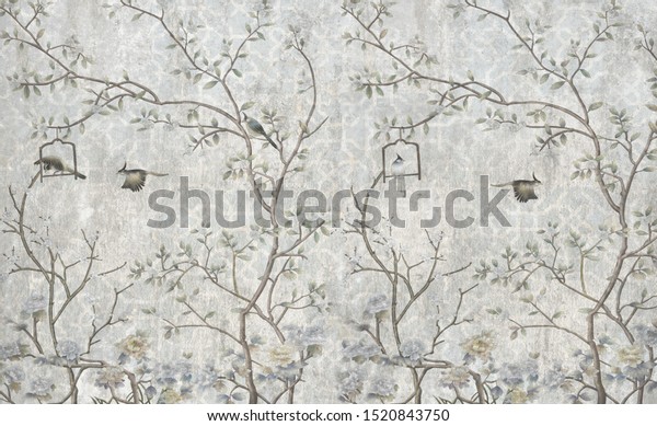 3d wallpaper design with birds and branches on grunge background for digital print