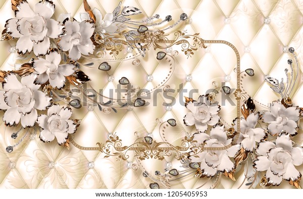 3d壁紙デザイン セラミック製の宝石と花を使った写真用のデザイン のイラスト素材