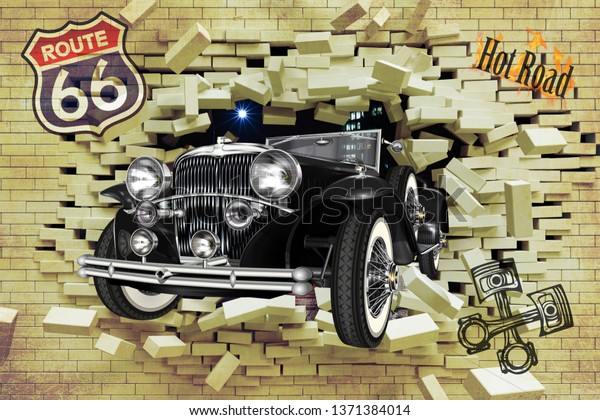 3D wallpaper design with a classic car jumping through a broken wall for digital print