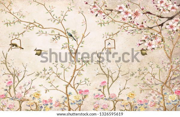3d wallpaper design with English country style branches and flowers and birds for mural print.