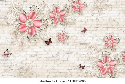 3d wallpaper design with floral jewellery on upholstry for photomurals