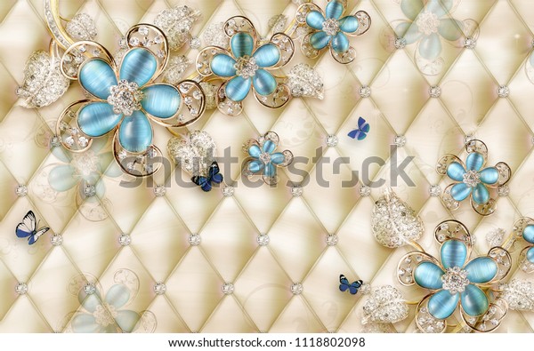 フォトマル用の表皮に花柄の宝石を使った3d壁紙デザイン のイラスト素材