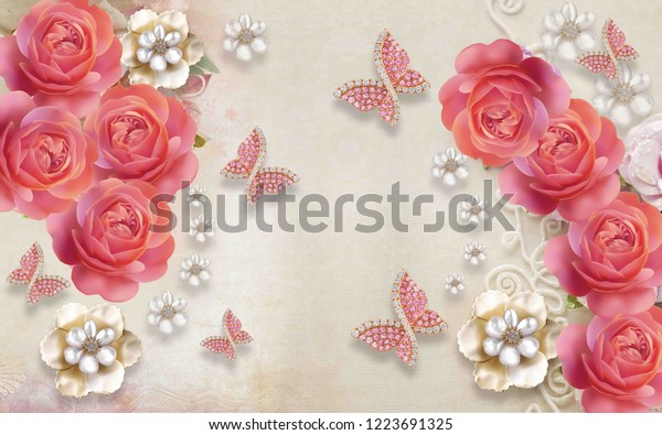 3d wallpaper design with florals and butterflies for photomurals