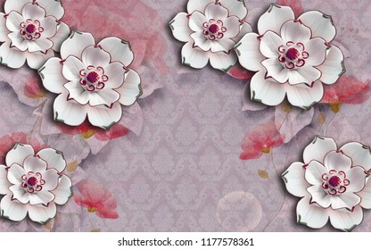 3d Wallpaper Design With Florals And Damask Background For Photomural