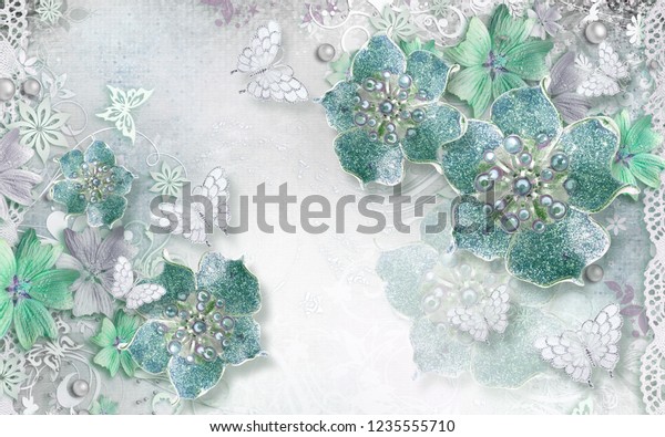 写真用の花と宝石を使った3d壁紙デザイン のイラスト素材