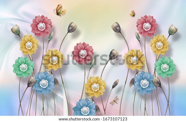 3D wallpaper design with florals for photomural for home interior decoration. 