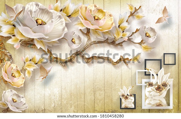 3D wallpaper design with florals Swan  background