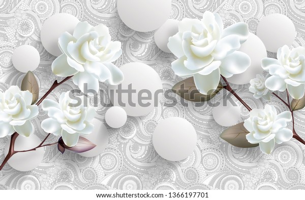 White 3D WALLPAPER design flower and balls. 