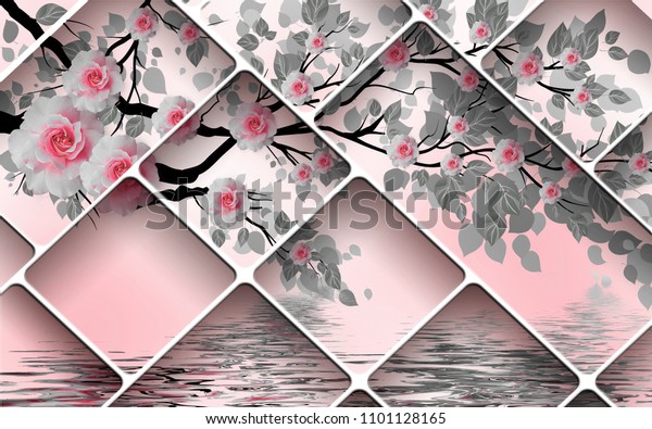 3D Wallpaper Design with geometric shapes and florals
