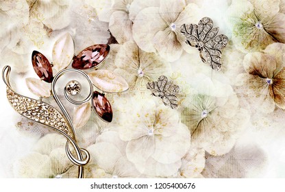 3d wallpaper design with grunge floral and jewels for photomural