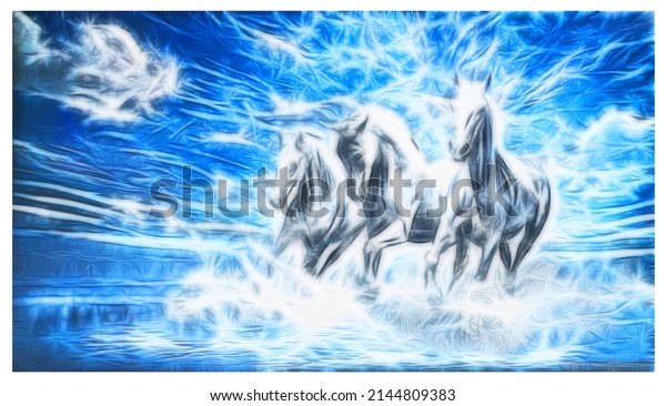 3D wallpaper design horses on blue bright abstract background. 3d drawing. 3d rendering.