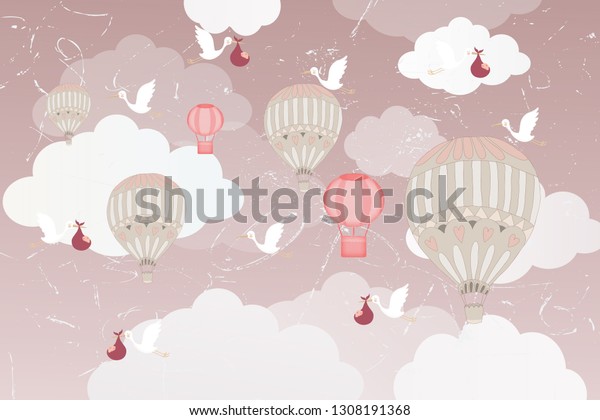 3d wallpaper design with hot air balloons and storks with babies for photomural