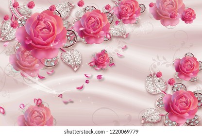 3d wallpaper design with jewels and roses for photomural