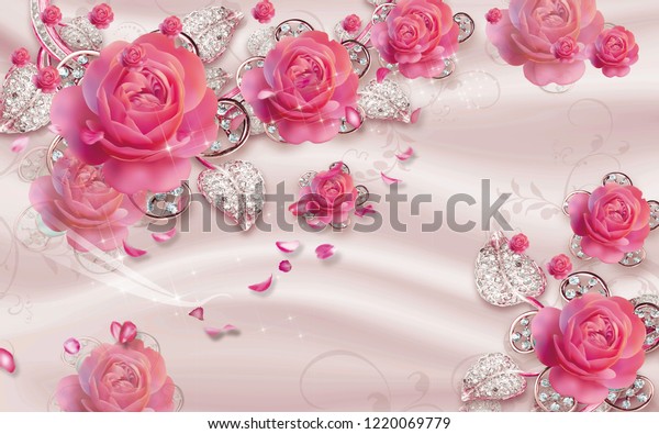 3d wallpaper design with jewels and roses for photomural. 