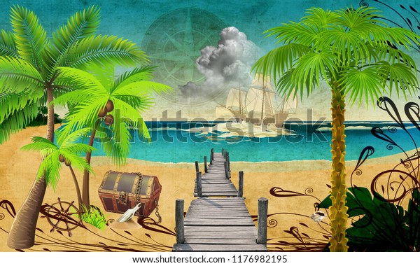 3d wallpaper design for kids with pirate bay theme for photomural