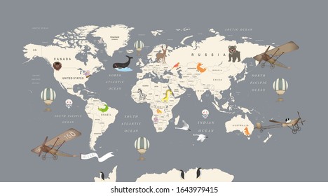 3d wallpaper design with kids world map with animals