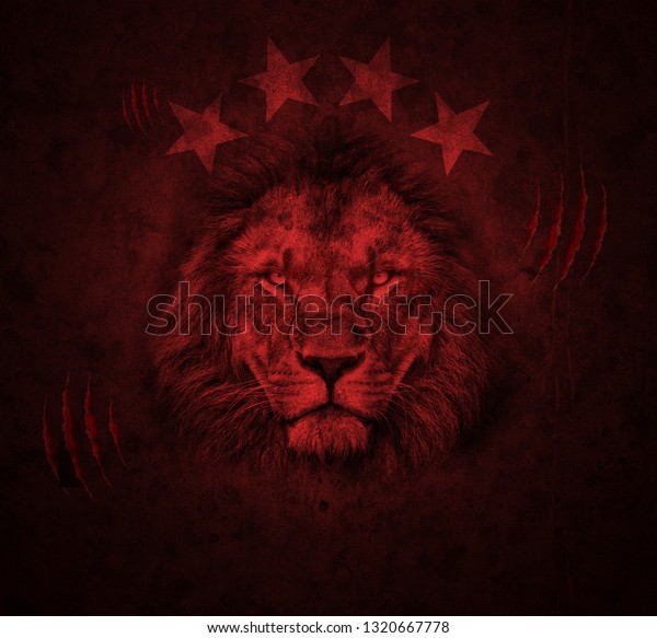 3d wallpaper design with lion engraved on a red grunge background for mural.