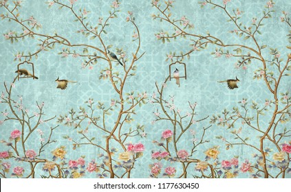 3d wallpaper design with little flowers and birds for photomural