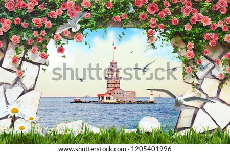 3d wallpaper design with maiden tower of istanbul from a broken wall for photomural