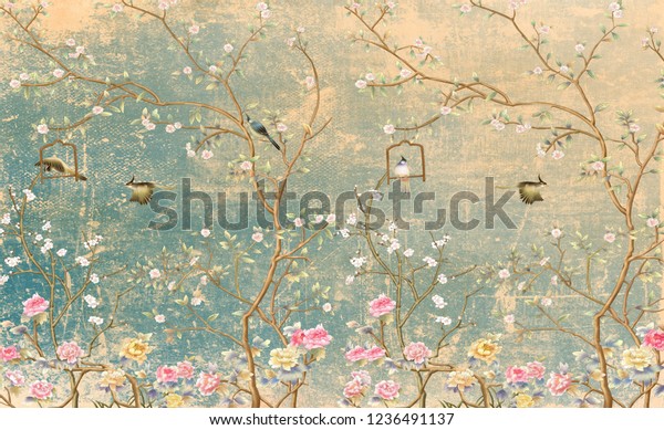 3d birds wallpaper design with vintage florals on grunge wall for photomural